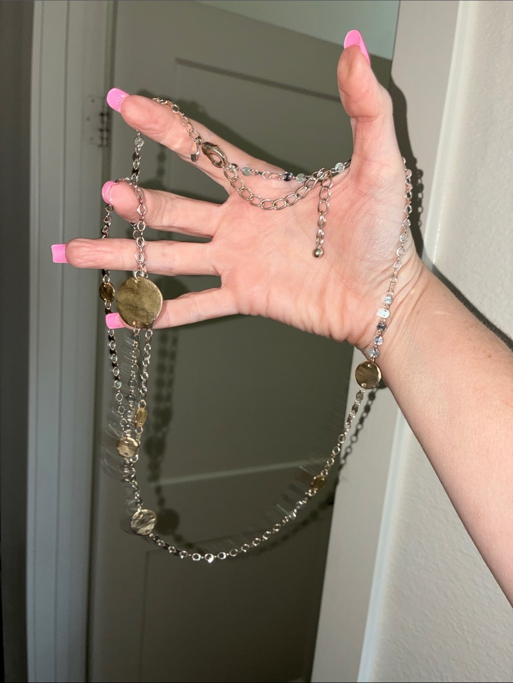 Chico’s Long Two-Tone Hammered Gold Disc Silver Station Necklace. Excellent! - Picture 3 of 3